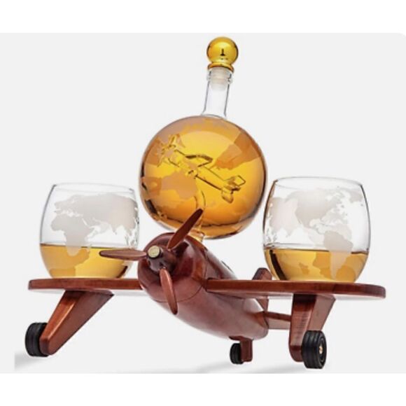 Godinger Airplane Decanter Set + 2 Old Fashioned Glass for Whiskey Scotch Liquor - Picture 1 of 3
